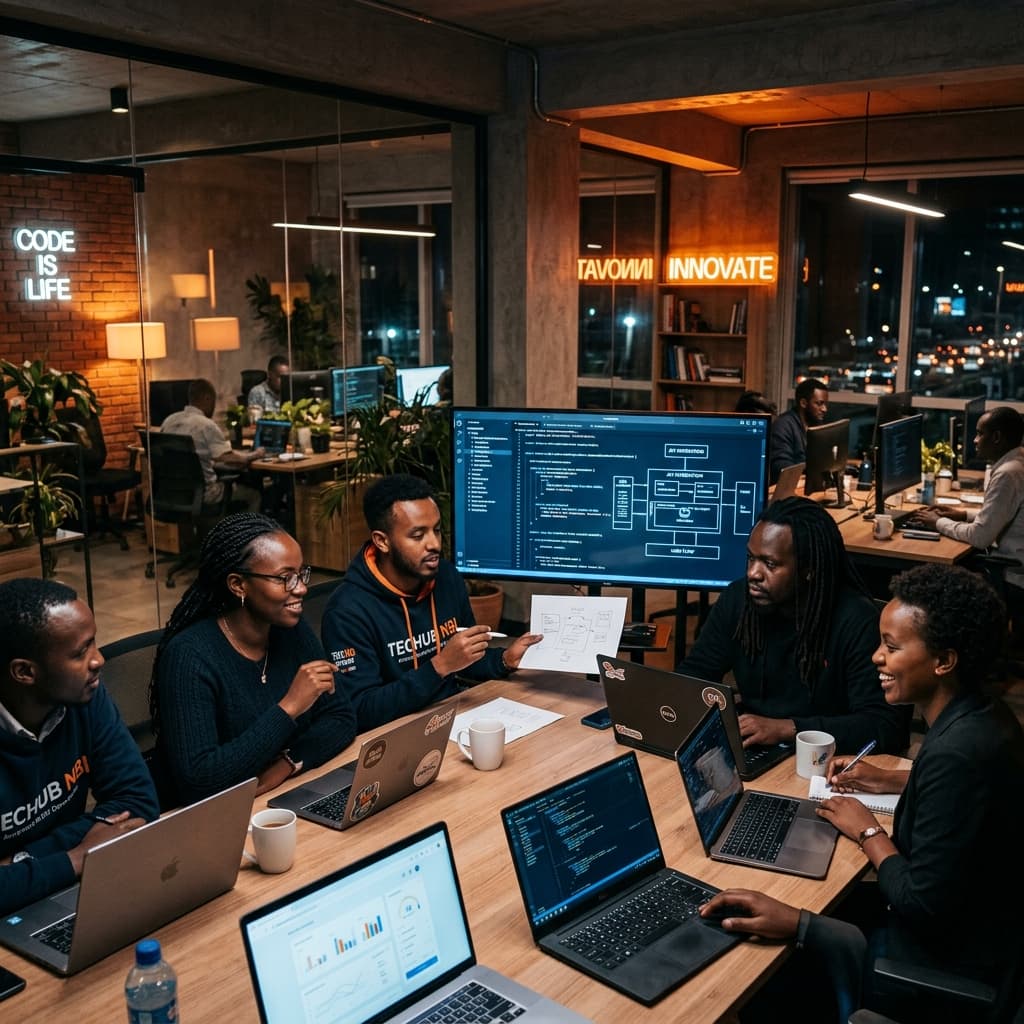 Software developers collaborating in Mwenaro tech hub